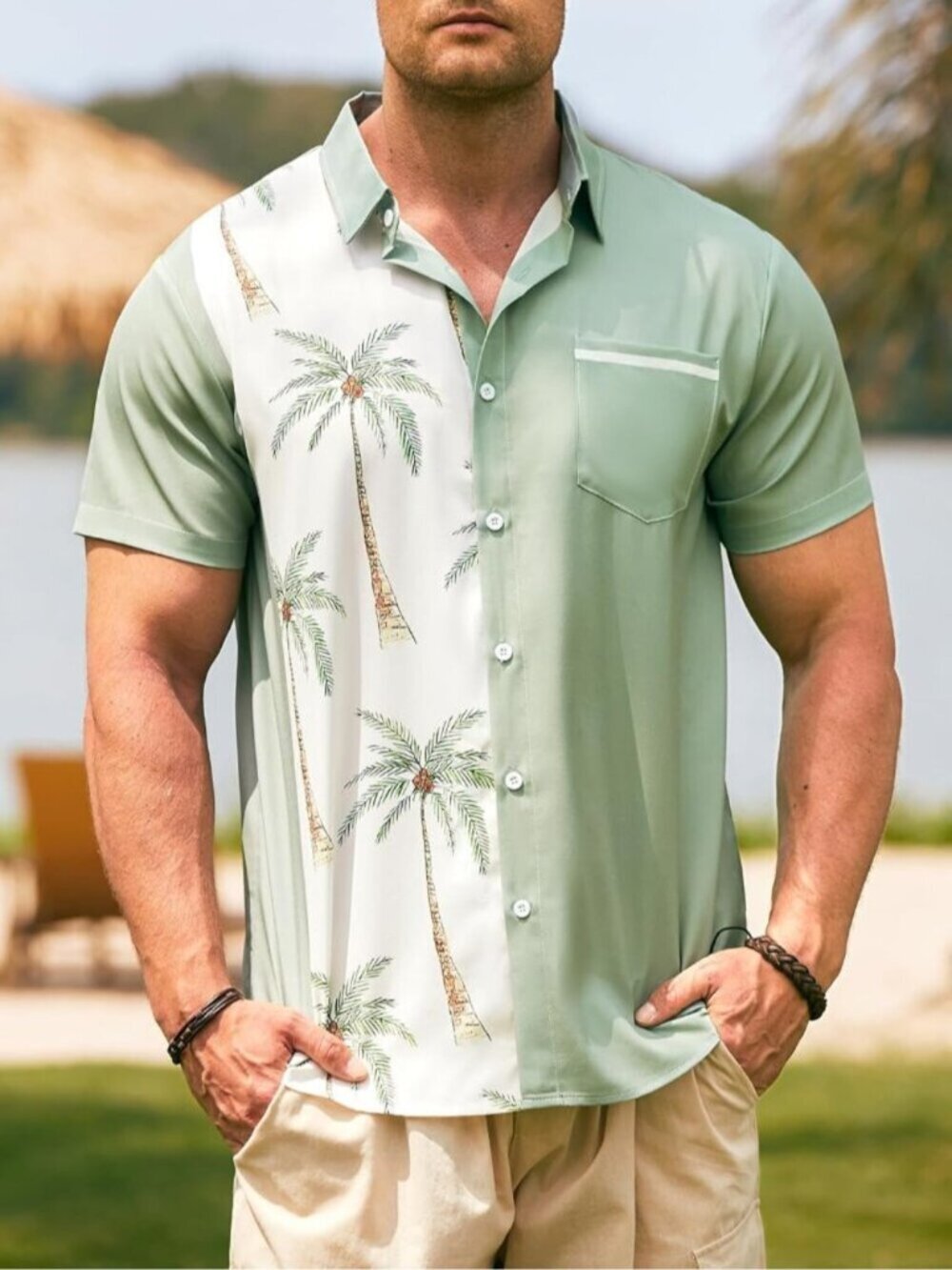 〽️Men Green White Hawaiian Short Sleeve Coconut Printed Button Down Casual Shirt